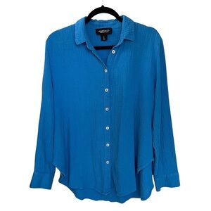 Jones New York Cotton Gauze Button-Up Blouse Blue L